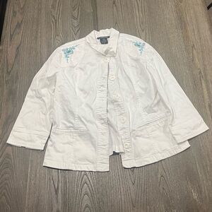 Touche White Cotton Blue Embroidered Button Front Vintage Jacket Size 14
